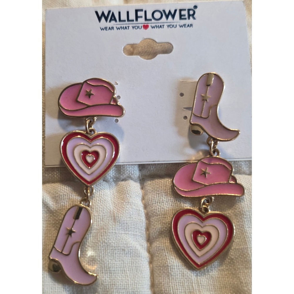 WallFlower Dangle Earrings Womens Pink Unworn Western Cowboy Boot Heart Cowgirl